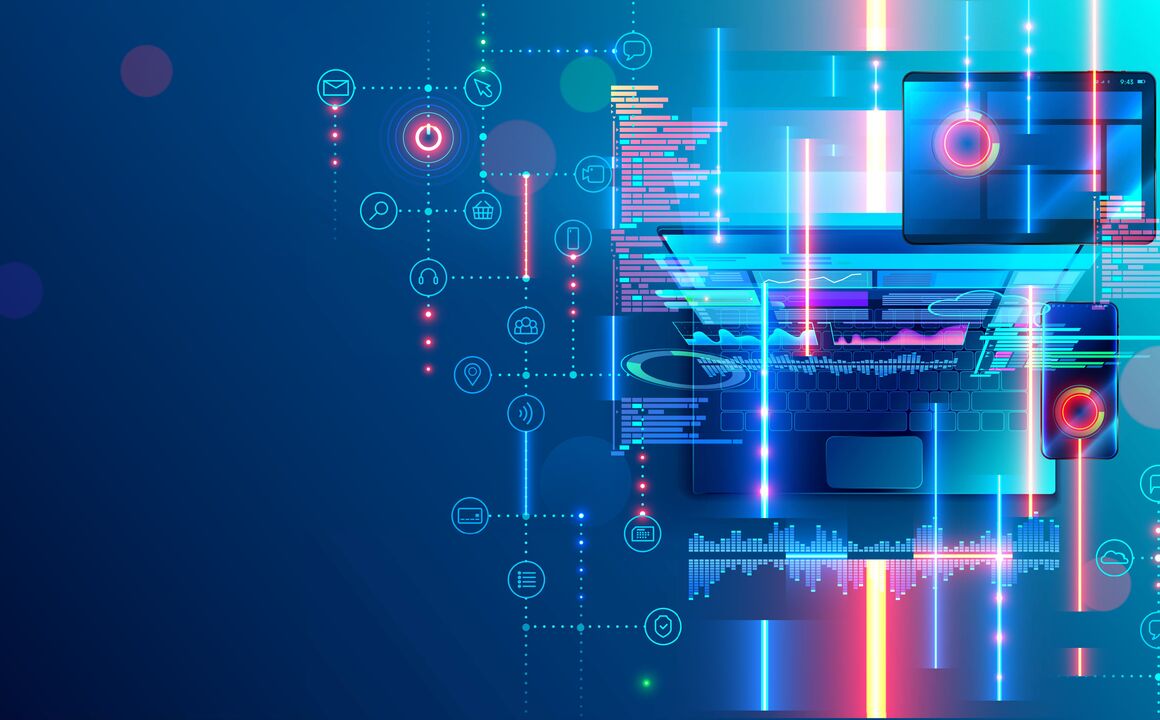 Digital interface concept with connected devices and glowing elements.