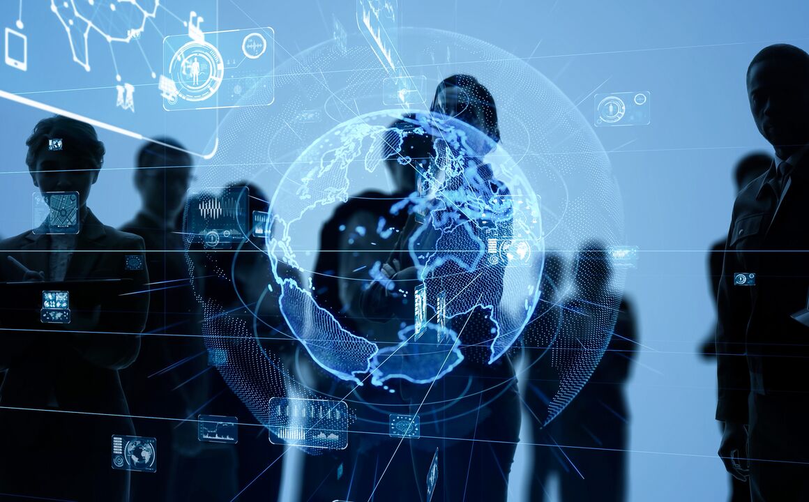 Image of the globe overlaying the silhouettes of people