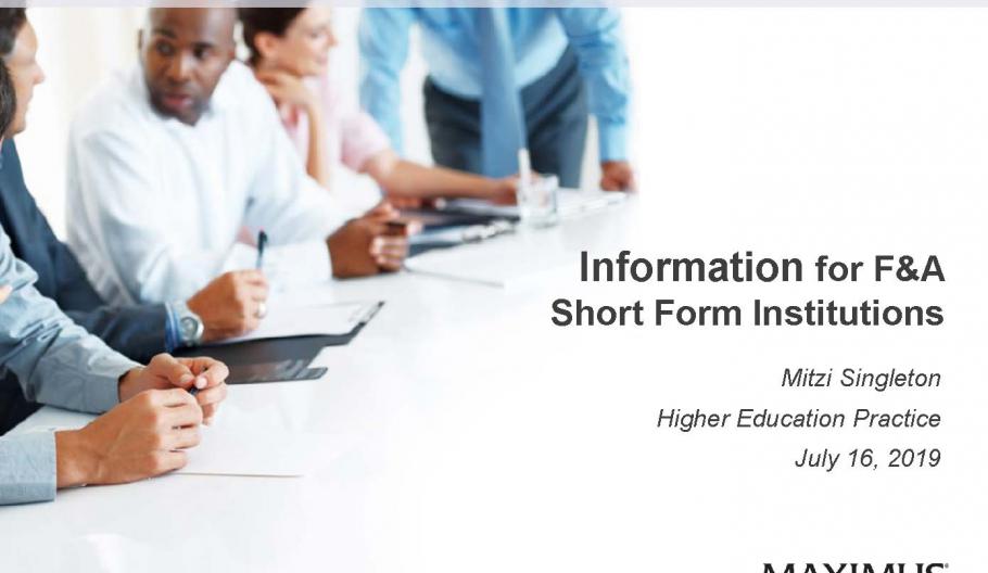 Image of the Information for F&A Short Form Institutions webinar.